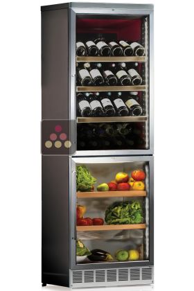 Combiné encastrable d'une cave à vin mono-température et d'un compartiment Alcools/Champagne/Soft - Habillage intérieur en inox