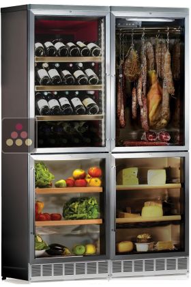 Combiné encastrable de 4 caves : vins, fromages, charcuteries + compartiment Alcools et Champagne - Habillage intérieur en inox