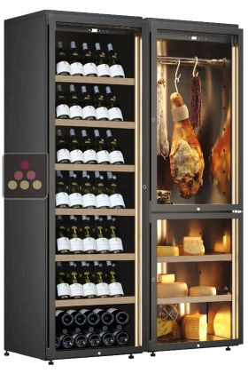 Combiné d'une cave à vin et une cave à charcuterie et fromage - Bouteilles inclinées