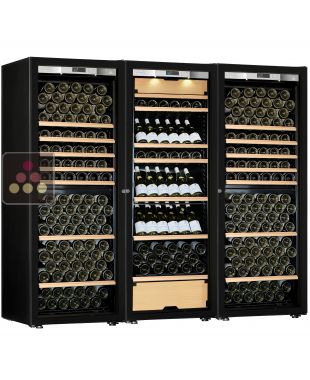 Combiné de 2 caves à vin mono-température et d'une cave multi-usages - 3 températures - Equipement stockage/coulissant Porte Full Glass TRANSTHERM