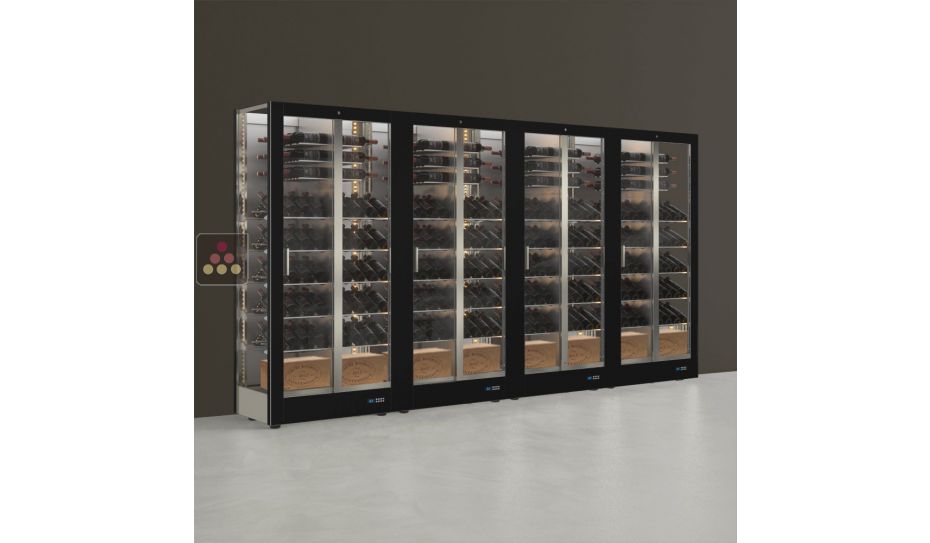 Combiné de 4 vitrines à vin professionnelles multi-usages - 3 cotés vitrés - Bouteilles horizontales/inclinées/debout - Habillage magnétique