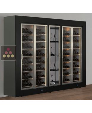 Combiné de 2 vitrines à vin multi-températures et 1 module non réfrigéré pour verrerie ou spiritueux - Pose libre - Bouteilles inclinées - Cadre droit CALICE DESIGN