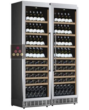 Combiné encastrable de 2 caves mono-température de service ou de conservation - Façade inox - Présentation inclinée CALICE