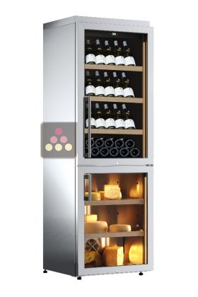 Combiné d'une cave à vin et d'une cave à fromage - Habillage Inox - Bouteilles inclinées