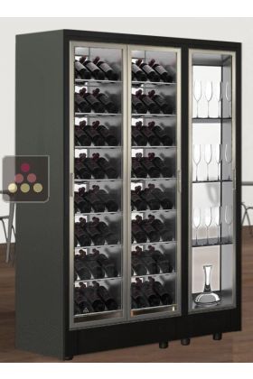 Combiné d'une vitrine à vin et d'un module non réfrigéré pour verrerie ou spiritueux traversant 2 faces vitrées - Installation centrale - Bouteilles inclinées - Cadre FIT