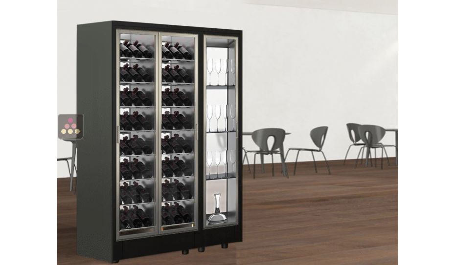 Combiné d'une vitrine à vin et d'un module non réfrigéré pour verrerie ou spiritueux traversant 2 faces vitrées - Installation centrale - Bouteilles inclinées - Cadre FIT