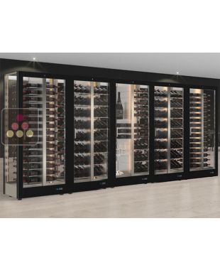 Combiné de 5 vitrines à vin professionnelles multi-usages - 3 cotés vitrés - Bouteilles horizontales/inclinées/mixte - Habillage magnétique interchangeable CALICE DESIGN