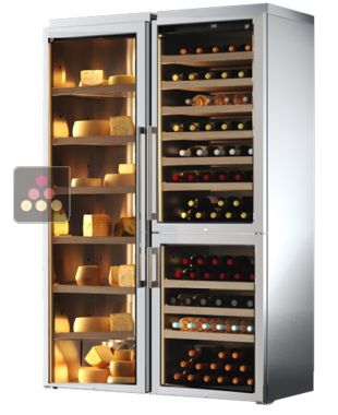 Combiné d'une cave à vin et d'une cave à fromage - Habillage inox - Equipement Coulissant CALICE