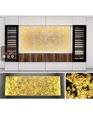 Panneau décoratif en verre de synthèse rétro-éclairé blanc chaud avec cadre epoxy blanc H1200*L2400 - Inclusions Pépites Or Ma Cave à Vin