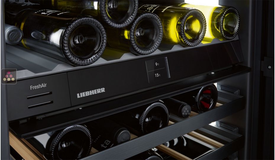 Cave à vin deux températures de conservation et de service des vins encastrable sous-plan à façade habillable