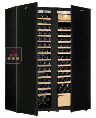 Combiné d'une cave à vin mono-température et d'une cave multi-usages 3 températures - Clayettes coulissantes TRANSTHERM