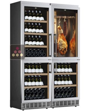 Combiné encastrable de 3 caves à vin mono-température et d'une cave à charcuteries - Façade inox - Bouteilles inclinées CALICE