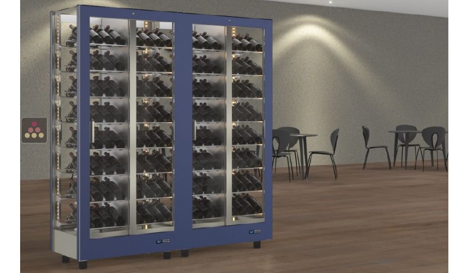 Combiné de 2 vitrines à vin professionnelles multi-températures - Usage pro - 4 cotés vitrés - Bouteilles inclinées - Habillage magnétique interchangeable