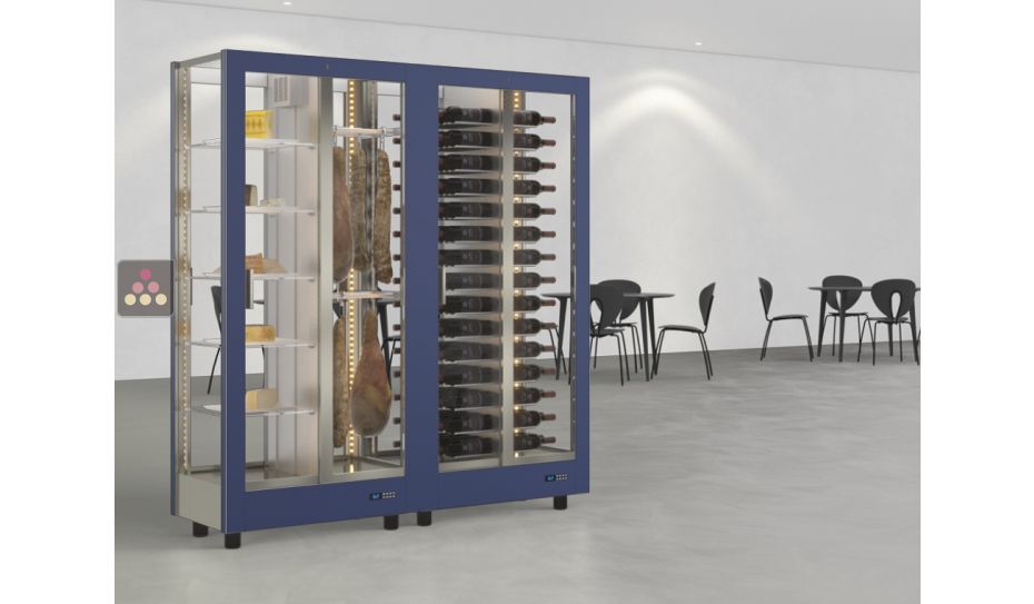 Combiné de 2 vitrines réfrigérées professionnelles pour vins, charcuteries et fromages - 4 côtés vitrés - Habillage magnétique interchangeable