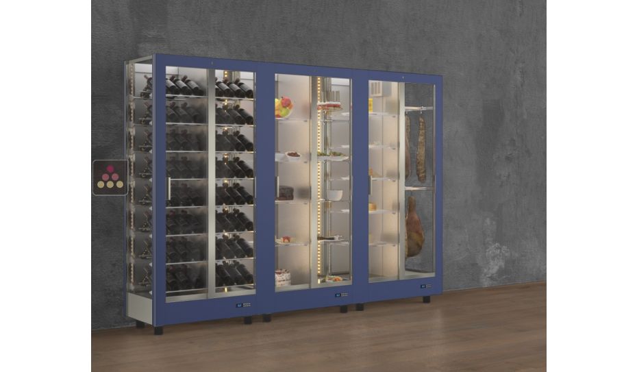 Combiné de 3 vitrines réfrigérées professionnelles pour vins, charcuteries/fromages et snack/desserts - 3 cotés vitrées - Habillage magnétique interchangeable