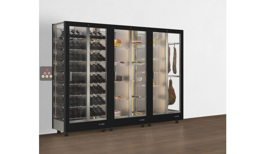 Combiné de 3 vitrines réfrigérées professionnelles pour vins, charcuteries/fromages et snack/desserts - 3 cotés vitrées - Habillage magnétique interchangeable