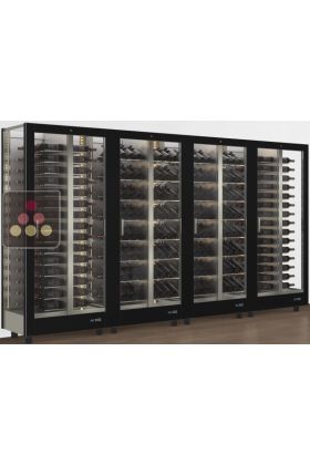 Combiné de 4 vitrines à vin professionnelles multi-usages - 3 cotés vitrés - Bouteilles horizontales/inclinées - Habillage magnétique interchangeable