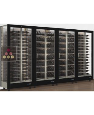 Combiné de 4 vitrines à vin professionnelles multi-usages - 3 cotés vitrés - Bouteilles horizontales/inclinées - Habillage magnétique interchangeable CALICE DESIGN