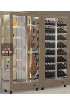 Combiné de 2 vitrines réfrigérées professionnelles pour vins, charcuteries et fromages - 4 côtés vitrés - Habillage magnétique interchangeable