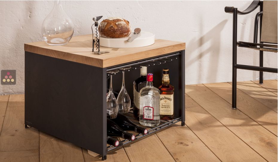 Petit Bar - Métal et Bois massif - 13 bouteilles avec rack à verres