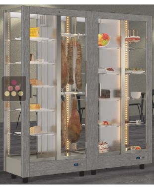 Combiné de 2 vitrines réfrigérées professionnelles pour charcuteries/fromages et snack/desserts - 4 côtés vitrés - Habillage magnétique interchangeable CALICE DESIGN