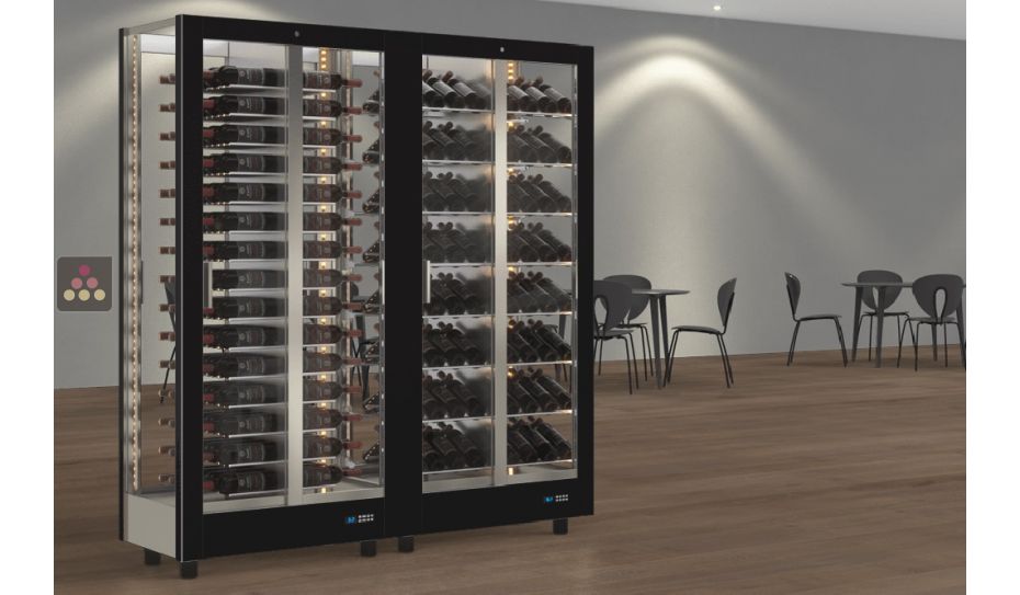 Combiné de 2 vitrines à vin professionnelles multi-usages - 4 cotés vitrés - Habillage magnétique interchangeable