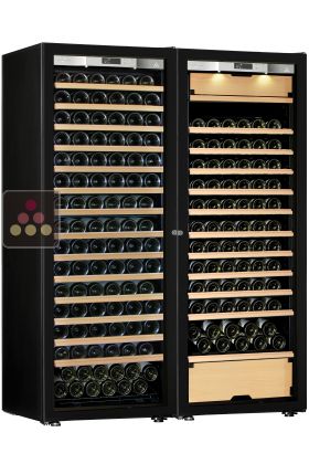 Combiné d'une cave à vin mono-température et d'une cave multi-usages 3 températures - Clayettes coulissantes - Porte Full Glass