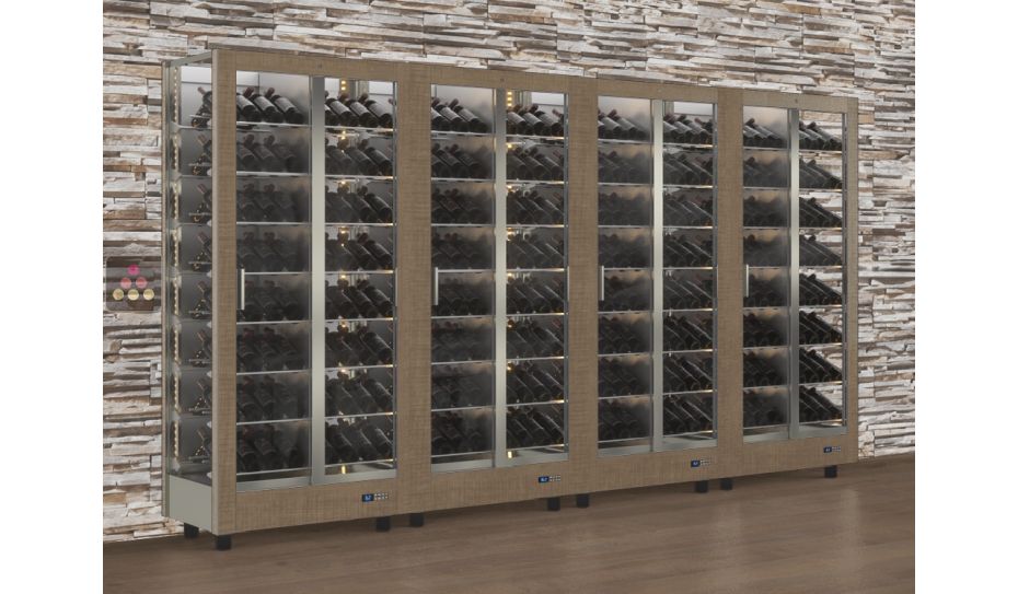 Combiné de 4 vitrines à vin professionnelles multi-usages - 3 cotés vitrés - Habillage magnétique interchangeable - Bouteilles inclinées