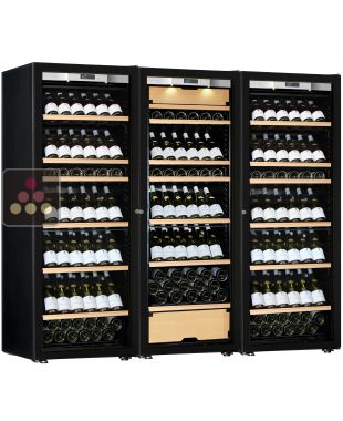 Combiné de deux caves à vin mono-température et d'une cave multi-usages 3 températures - Equipement présentation - Porte Full Glass TRANSTHERM