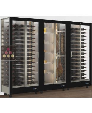 Combiné de 3 vitrines réfrigérées professionnelles pour vins, charcuteries et fromages - 3 côtés vitrés - Habillage magnétique interchangeable CALICE DESIGN