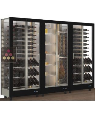 Combiné de 3 vitrines réfrigérées professionnelles pour vins, charcuteries et fromages - 3 côtés vitrés - Habillage magnétique interchangeable CALICE DESIGN