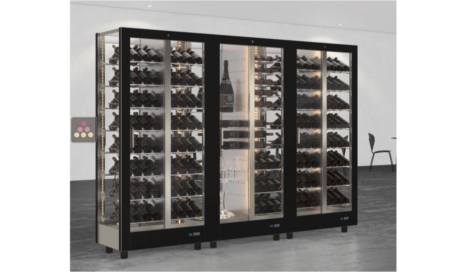 Combiné de 3 vitrines à vin professionnelles multi-usages - 4 cotés vitrés - Habillage magnétique interchangeable