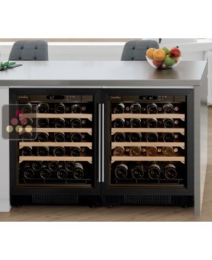 Combiné d'une cave à vin mono-température de vieillissement et d'une cave à vin multi-températures étagées sous-plan - Clayettes coulissantes ARTEVINO