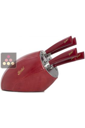 Set de 5 couteaux + Porte-couteaux en cuir rouge et inox