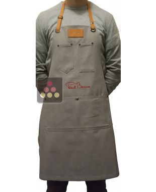 Tablier premium gris coton et cuir avec signature rouge Paul BOCUSE PAUL BOCUSE