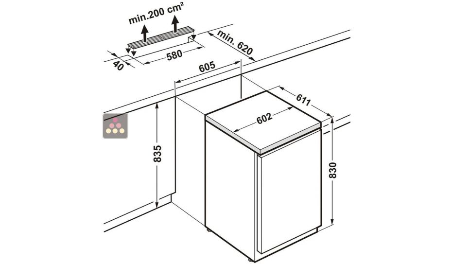 Table-top positif ventilé vitré encastrable sous plan - 148L