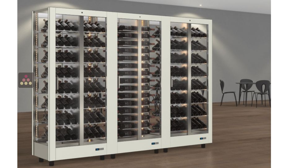 Combiné de 3 vitrines à vin professionnelles multi-usages - 4 cotés vitrés - Habillage magnétique interchangeable