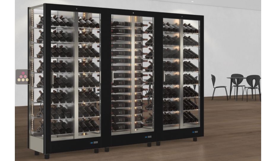 Combiné de 3 vitrines à vin professionnelles multi-usages - 4 cotés vitrés - Habillage magnétique interchangeable