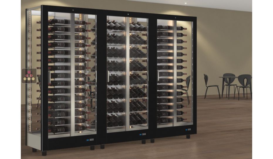 Combiné de 3 vitrines à vin professionnelles multi-usages - 4 cotés vitrés - Habillage magnétique interchangeable