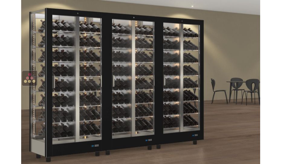 Combiné de 3 vitrines à vin professionnelles multi-usages - 4 cotés vitrés - Habillage magnétique interchangeable