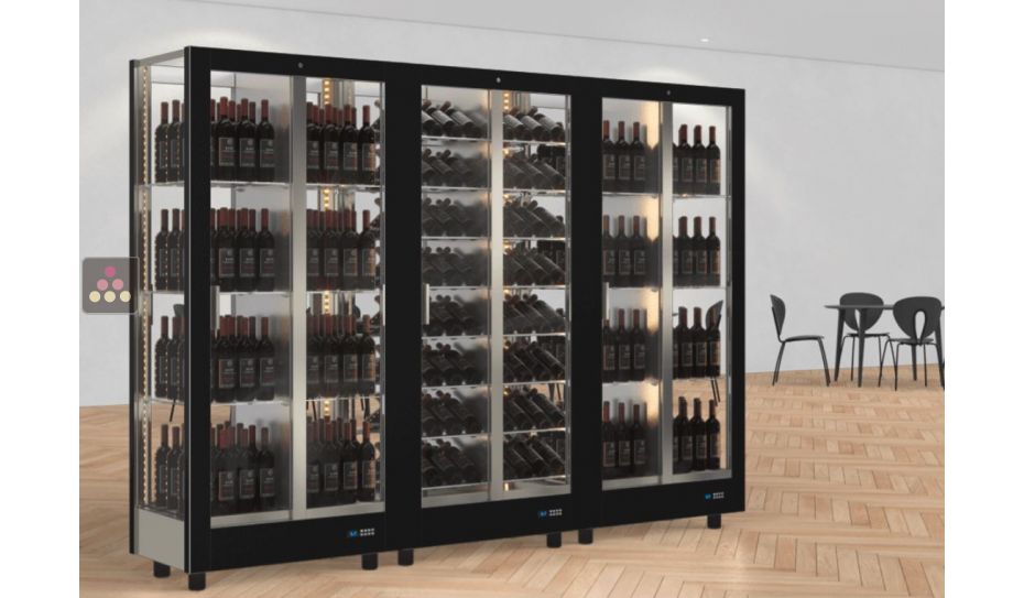 Combiné de 3 vitrines à vin professionnelles multi-usages - 4 cotés vitrés - Habillage magnétique interchangeable