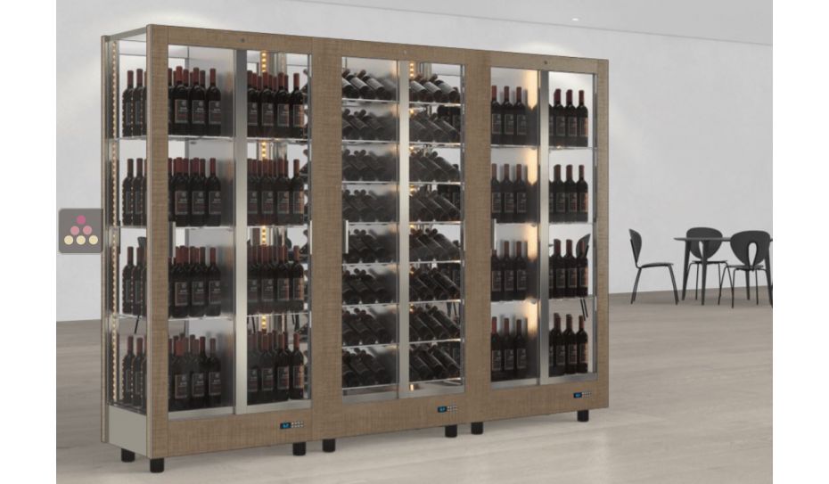 Combiné de 3 vitrines à vin professionnelles multi-usages - 4 cotés vitrés - Habillage magnétique interchangeable