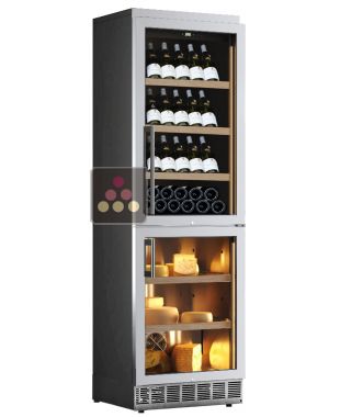 Combiné enchassable d'une cave à vin et d'une cave à fromage - Façade Inox - Bouteilles inclinées CALICE
