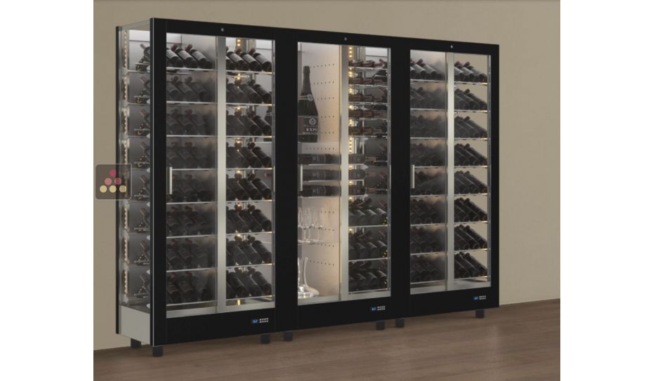 Combiné de 3 vitrines à vin professionnelles multi-usages - 3 cotés vitrés - Habillage magnétique interchangeable