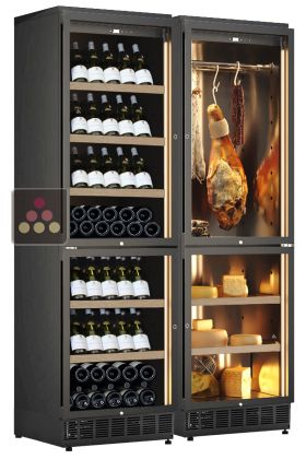 Combiné enchassable de 2 caves à vin, une cave à charcuterie et une cave à fromage - Bouteilles inclinées