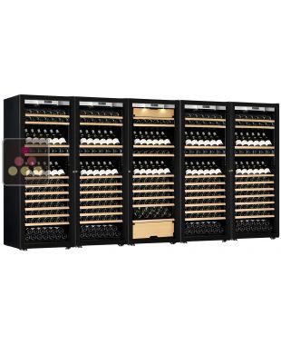 Combiné de 4 caves à vin mono-température et d'une cave multi-usages 3 températures - Equipement présentation/coulissant - Porte Full Glass TRANSTHERM