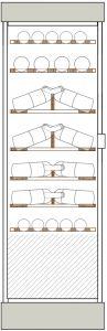 Clayettes bois de haut en bas : Magnums et bouteilles 75cl horizontaux parallèles aux portes sur 1 et 2 niveaux, puis bouteilles 75cl, double profondeur, en présentation inclinée sur 2 niveaux, puis perpendiculaire aux portes sur 2 niveaux.