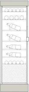 Clayettes inox de haut en bas : Magnums et bouteilles 75cl horizontaux parallèles aux portes sur 1 et 2 niveaux, puis bouteilles 75cl, simple profondeur, en présentation inclinée sur 2 niveaux, puis perpendiculaire aux portes sur 2 niveaux.