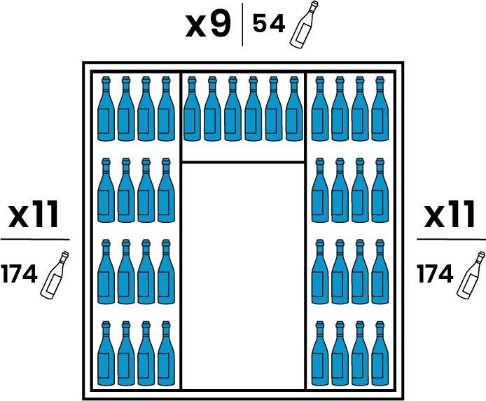 Chaque coté est équipé de 11 grandes clayettes plexiglas transparentes. Le Fond est équipé de 9 petites clayettes plexiglas transparentes. Capacité 402 bouteilles