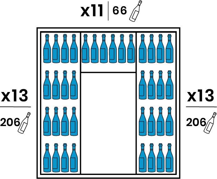 Chaque coté est équipé de 13 grandes clayettes plexiglas transparentes. Le Fond est équipé de 11 petites clayettes plexiglas transparentes. Capacité 478 bouteilles